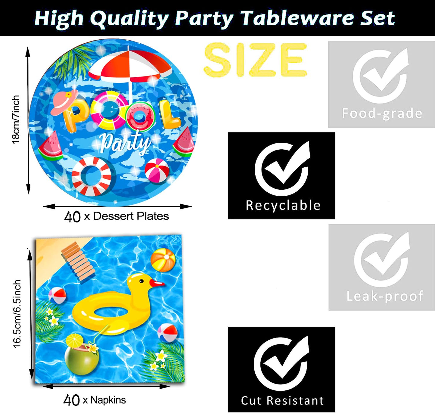 GOGUOGOFA 80Pcs Pool Party Supplies Summer Pool Party Set 7""Pool Paper Plate Pool Napkins for Beach Pool Theme luau Beach Pool Birthday Party Decorations|Serve 40, Blue