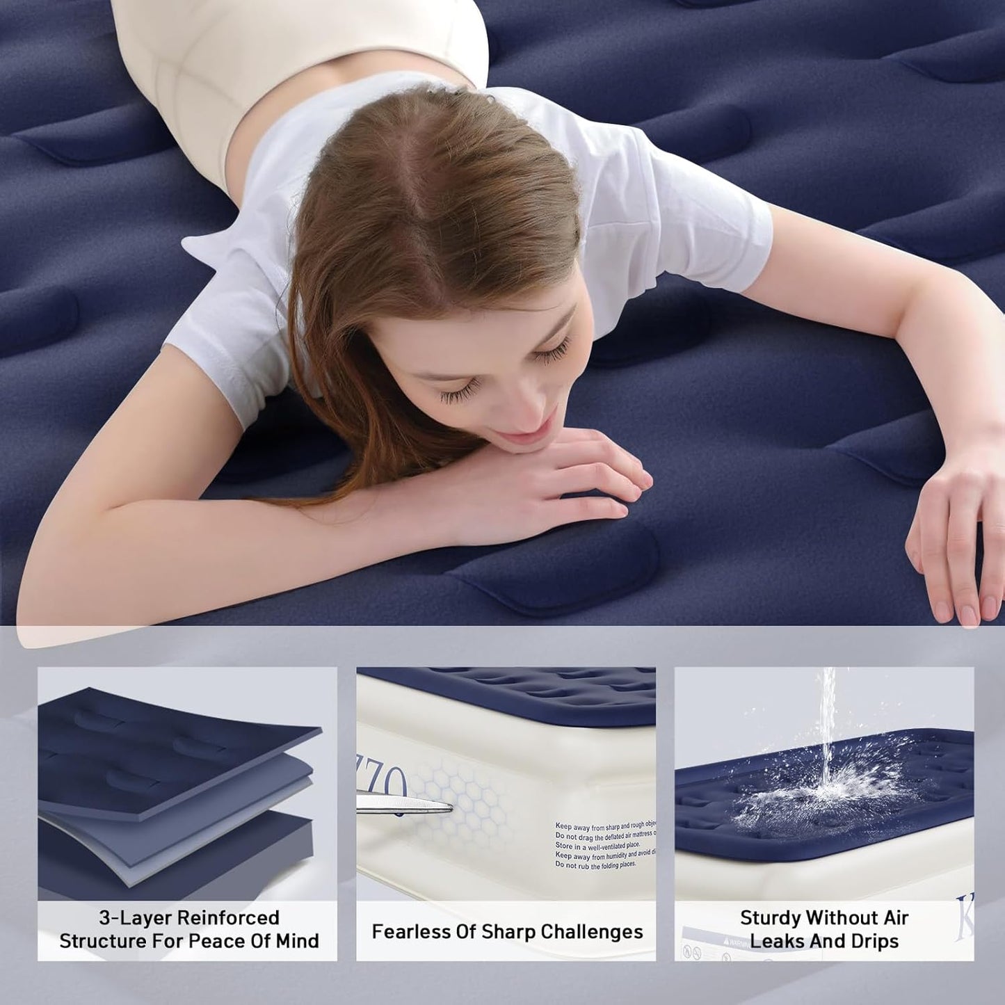 KNZZO Air Mattress - Twin Inflatable Bed with Built-in Pump & Soft Flocked Top | Waterproof & Portable for Home or Camping