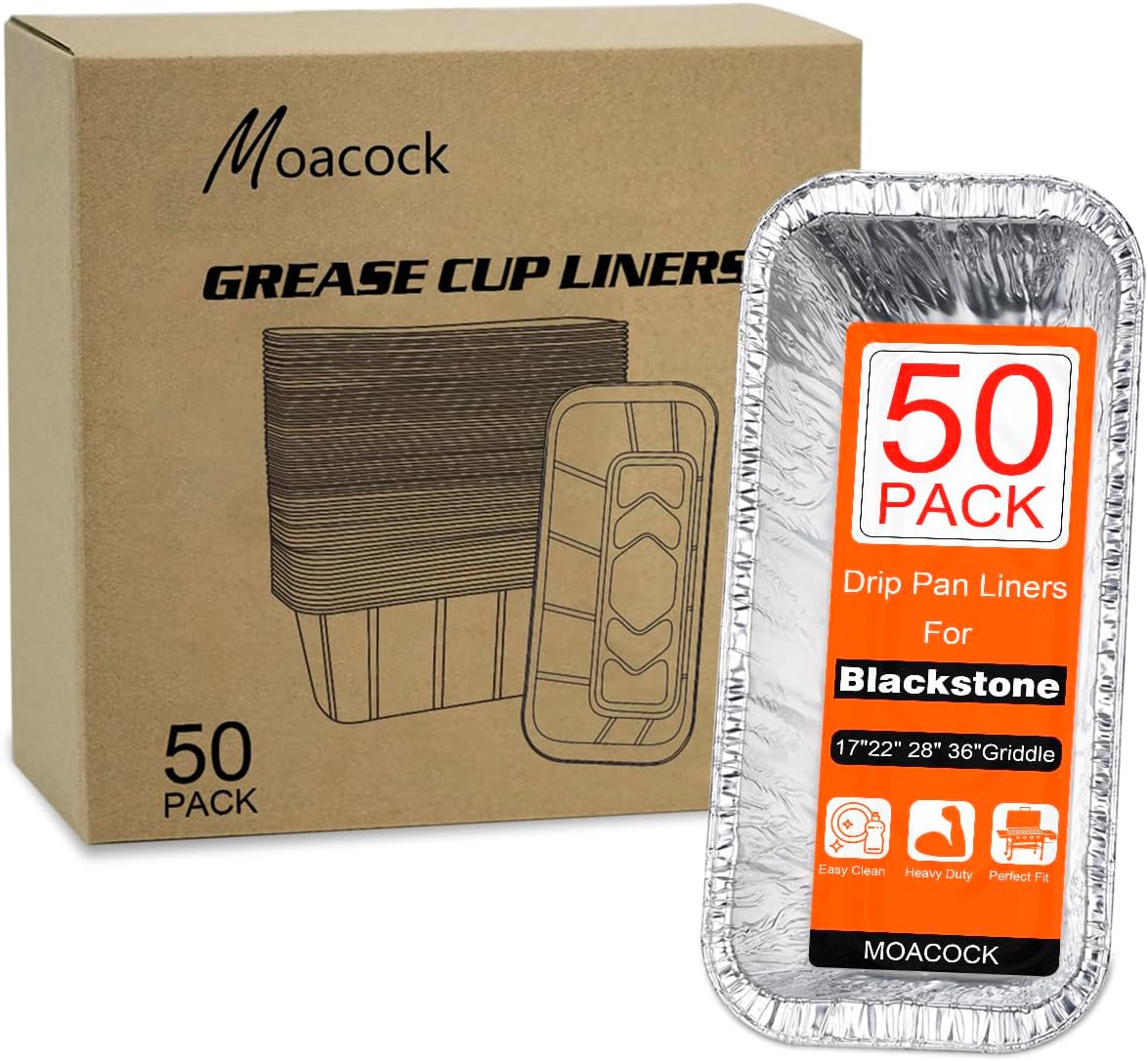MOACOCK 50-Pack Drip Pans for Blackstone Griddles | Aluminum Foil Grease Trays for 17"-36" Griddles