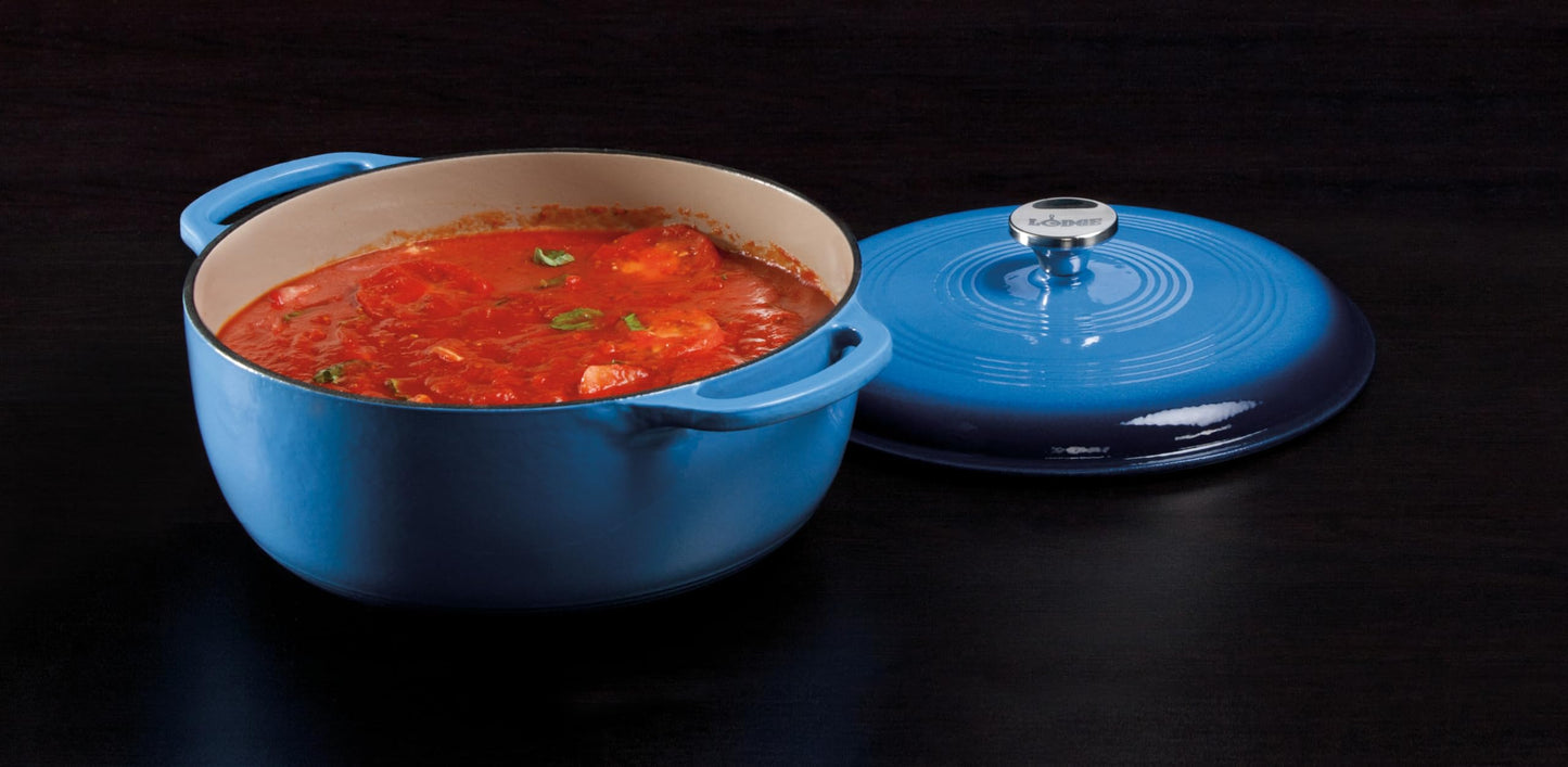 Lodge Essential Enamel Cast Iron Dutch Oven with Lid - Oven-Safe Enamel Cookware up to 500° F - Heat-Retaining Braising & Roasting Pot - Non-Toxic Cookware - 7.5 Quart, Carribean Blue