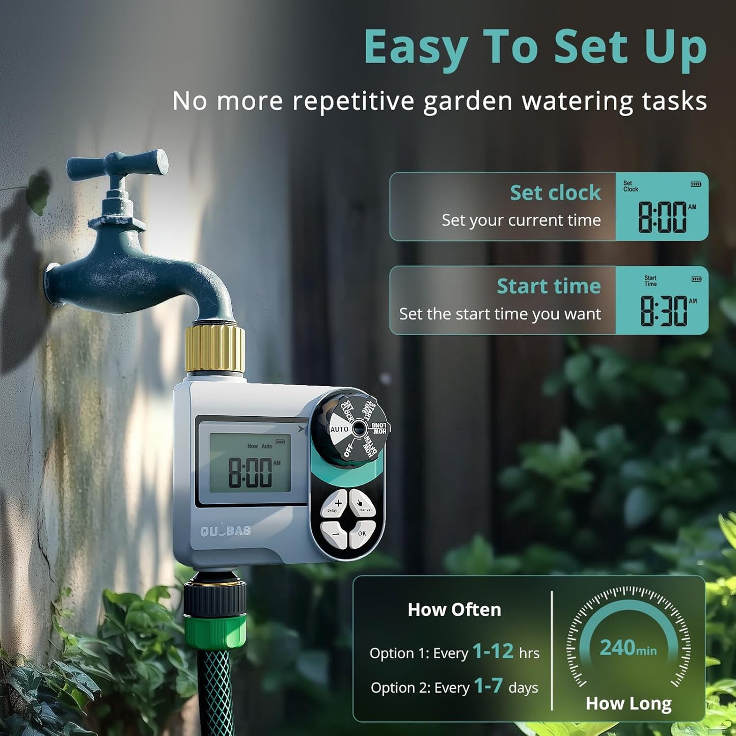 QUOBAS Brass Sprinkler Timer - Programmable Garden Hose Timer with Waterproof HD Screen & Rain Delay