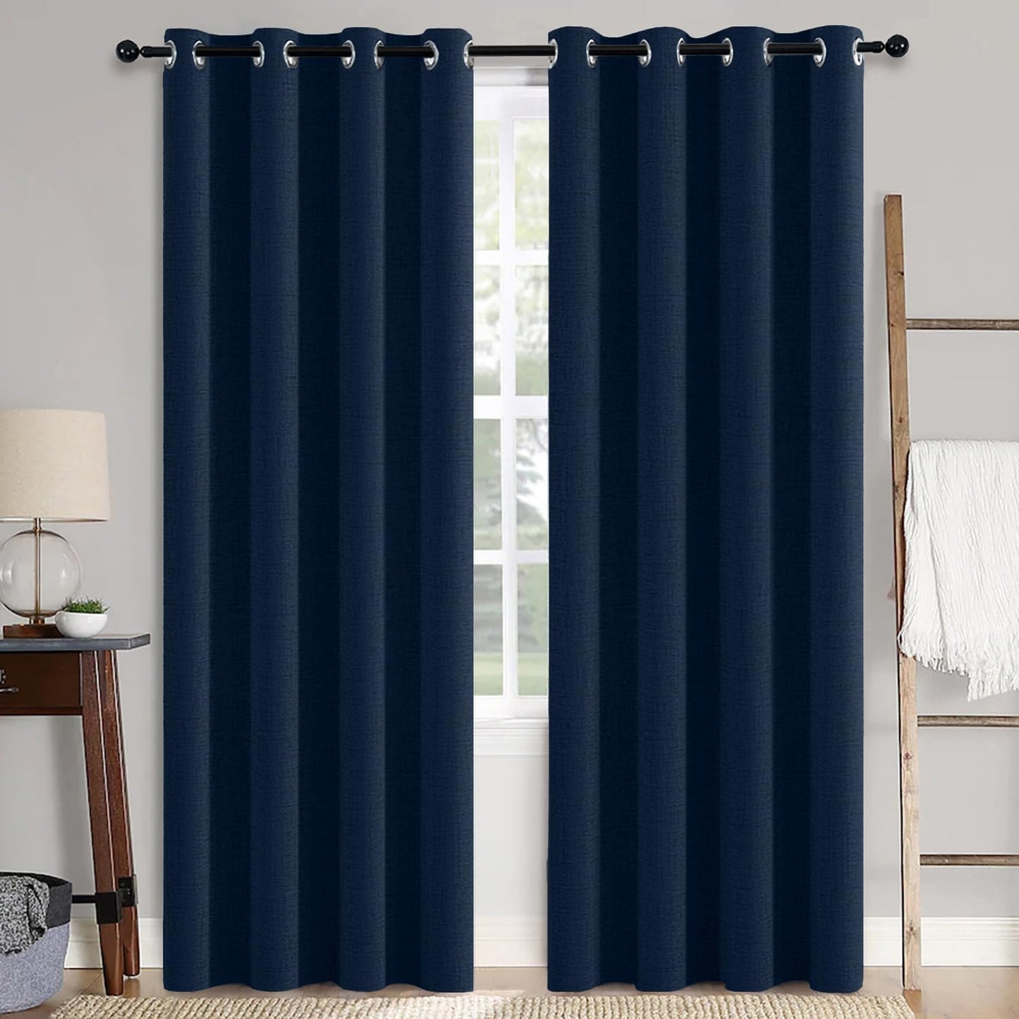 MIULEE 100% Blackout Linen Textured Curtains - Thermal Insulated Midnight Blue Drapes | 52 x 84 Inch (2 Panels)