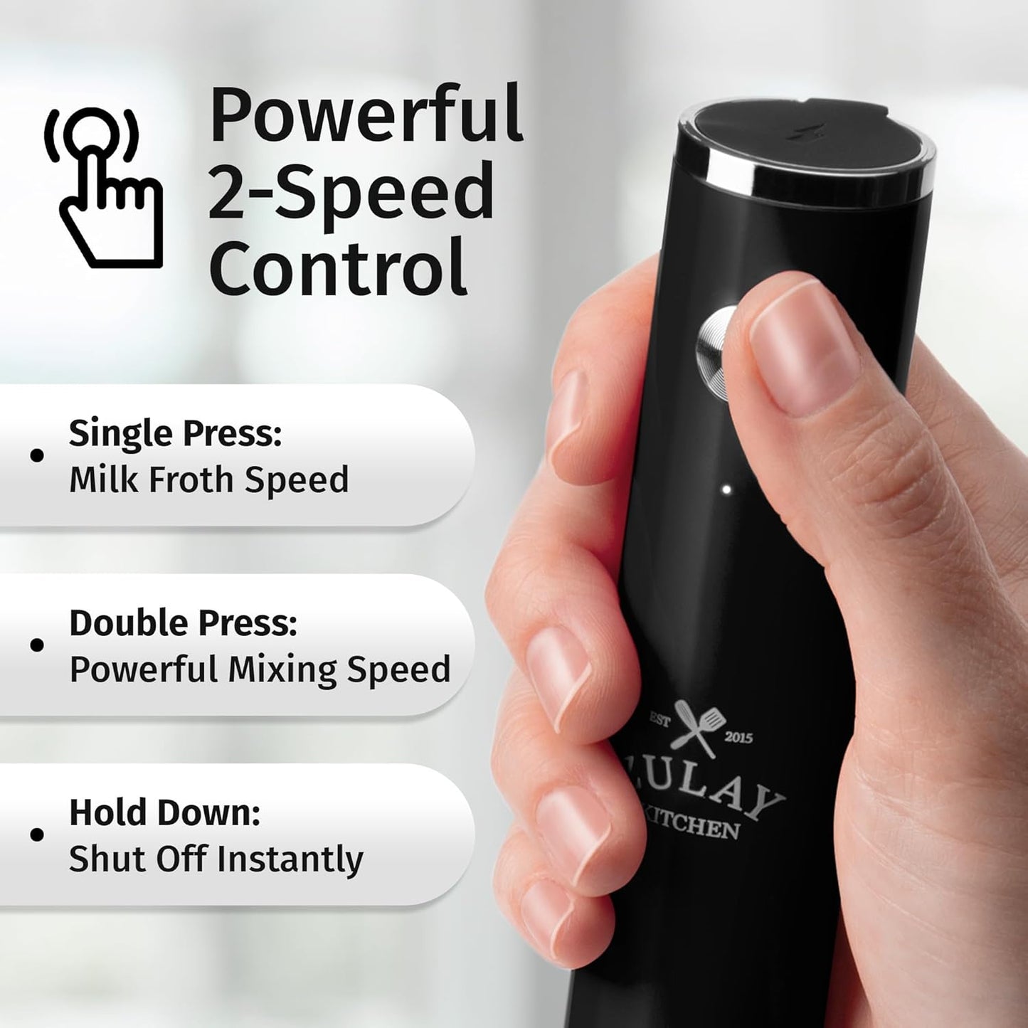 Zulay Kitchen Rechargeable Milk Frother - Powerful 2-Speed Motor, Waterproof, 2000mAh Battery | Drink Mixer for Lattes, Cappuccinos, Matcha & Protein Powder - Obsidian Black