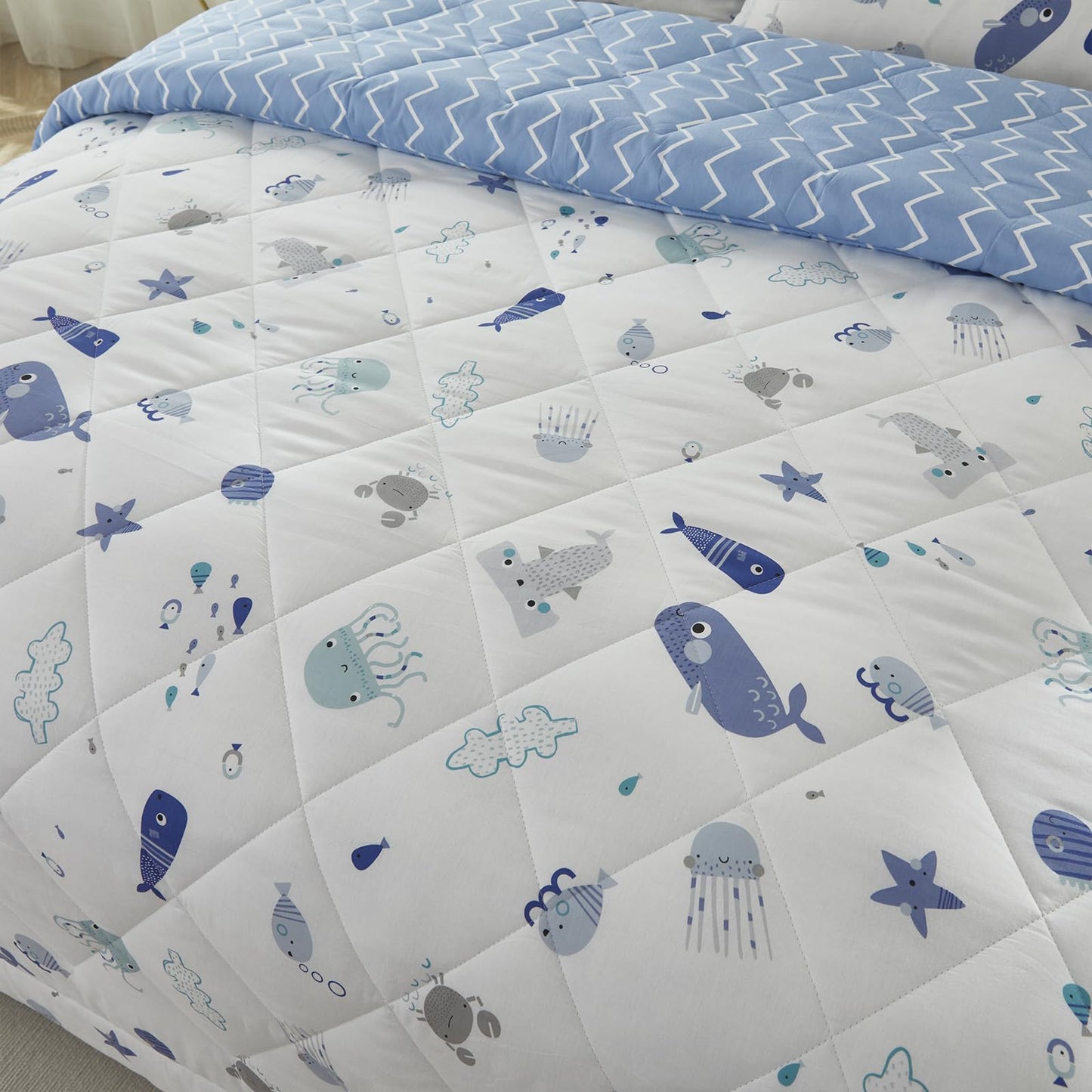 Brandream Kids Duvet Cover Twin Size Cotton Boys Girls Cute Cartoon Blue White Seaworld Comforter Set Ocean Fish Bedding Set 3 Piece