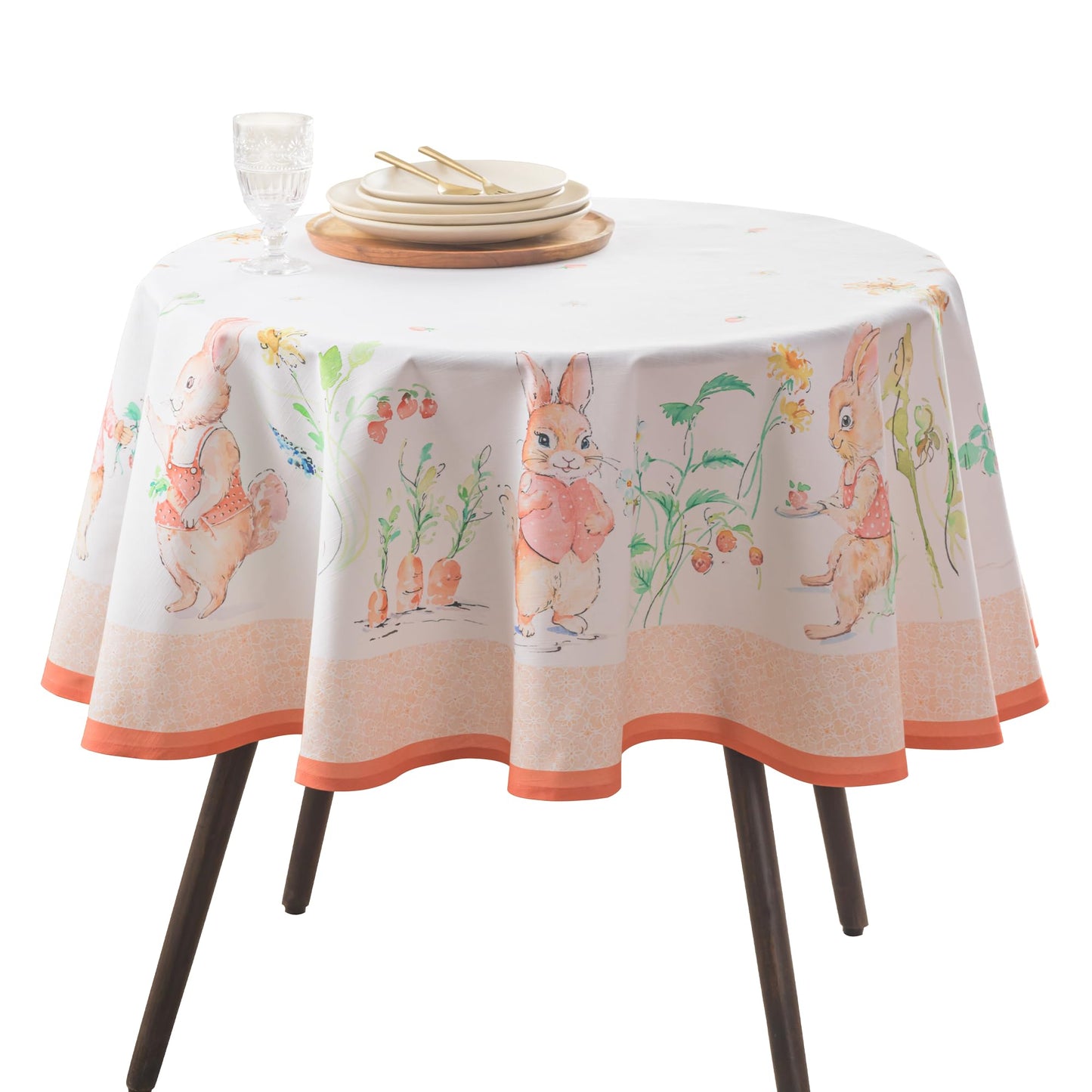 Maison d' Hermine Table Cloth Round Table 100% Cotton 69 Round Inches Tablecloth Reusable Decorative for Dining Kitchen Room Farmhouse Home Gifts for Mothers Day Spring Summer - Bunny Party