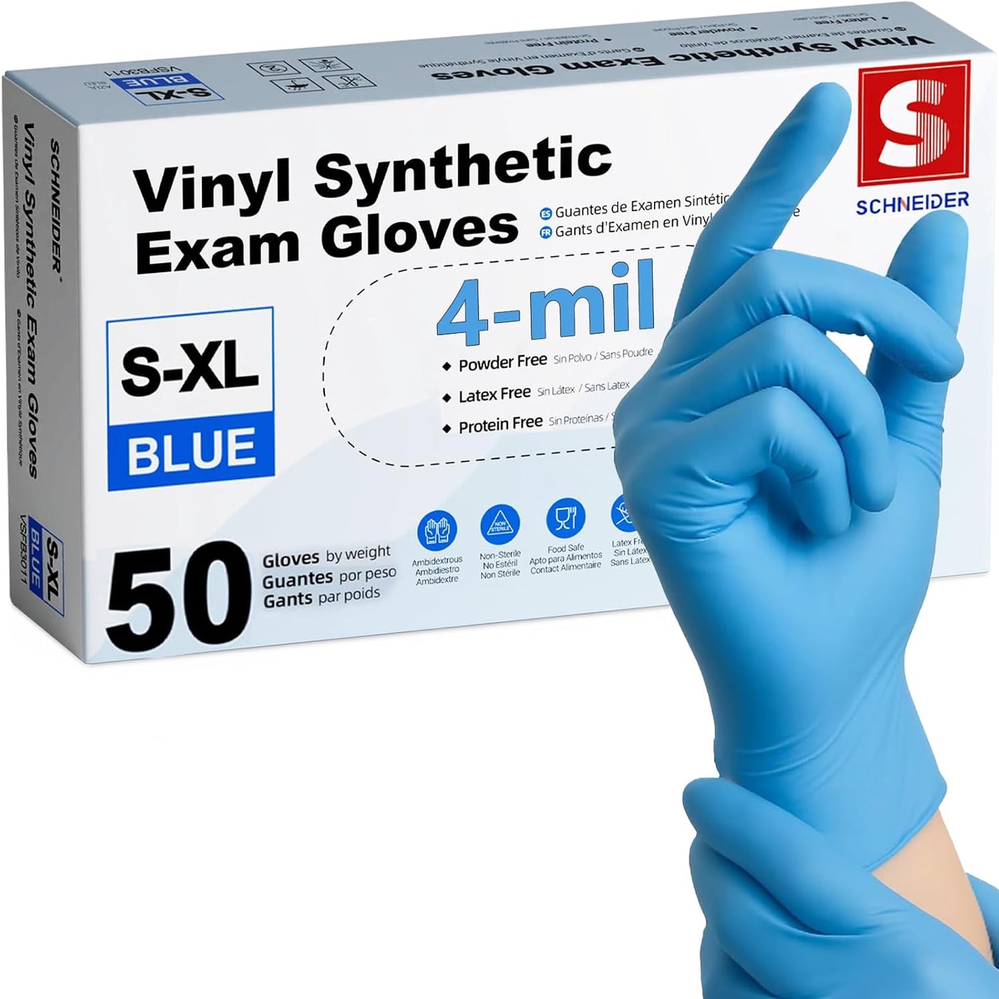 Schneider Vinyl Exam Gloves - Blue Disposable, Latex-Free & Powder-Free for Medical Use | Cooking & Cleaning