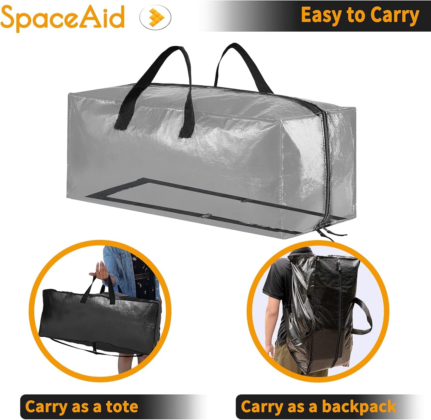 SpaceAid Heavy Duty Moving Bags - 8 Pack Large Storage Totes with Backpack Straps & Strong Handles - Black