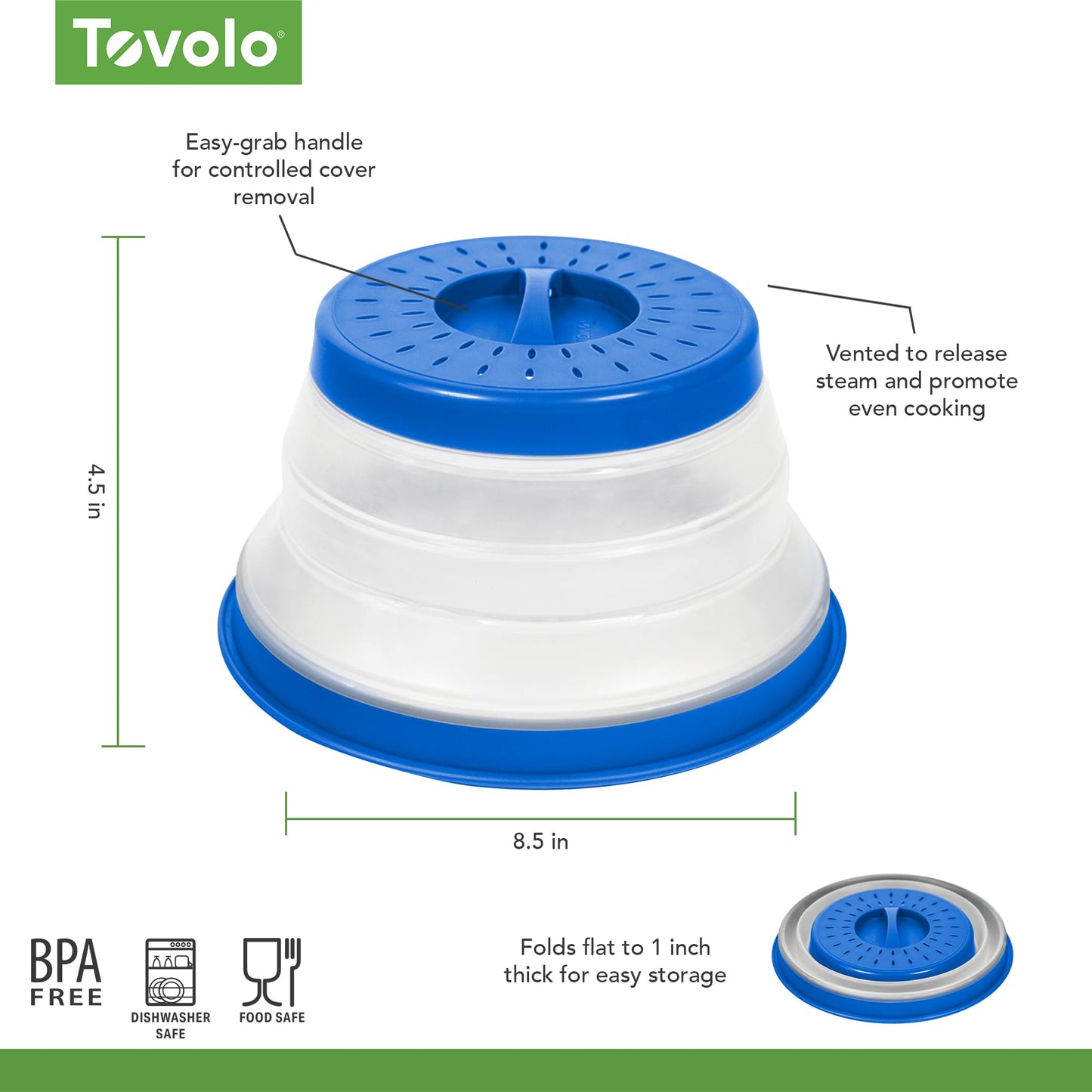 Tovolo Microwave Splatter Cover for Food, Medium (Blue) - Collapsible and Vented Silicone Splatter Guard Lid - Microwave Plate and Dish Cover with Handle - BPA-Free Kitchen Gadget for Meal Prep