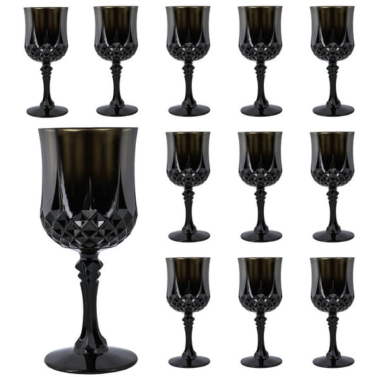 LEYIQU Plastic Wine Glasses, Plastic Goblets Vintage Style Cordial Unbreakable Drinking Glasses, Reusable Drinkware for Wedding Reception, Grand Event Party Supplies (12, Black)