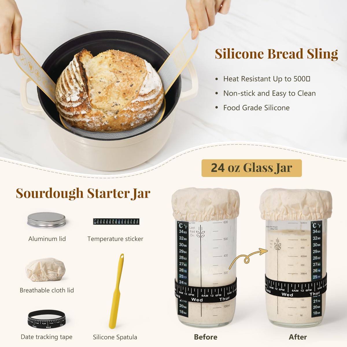 Skiennix Sourdough Starter Kit - Complete Baking Set with Proofing Baskets, Dough Scraper & Recipe