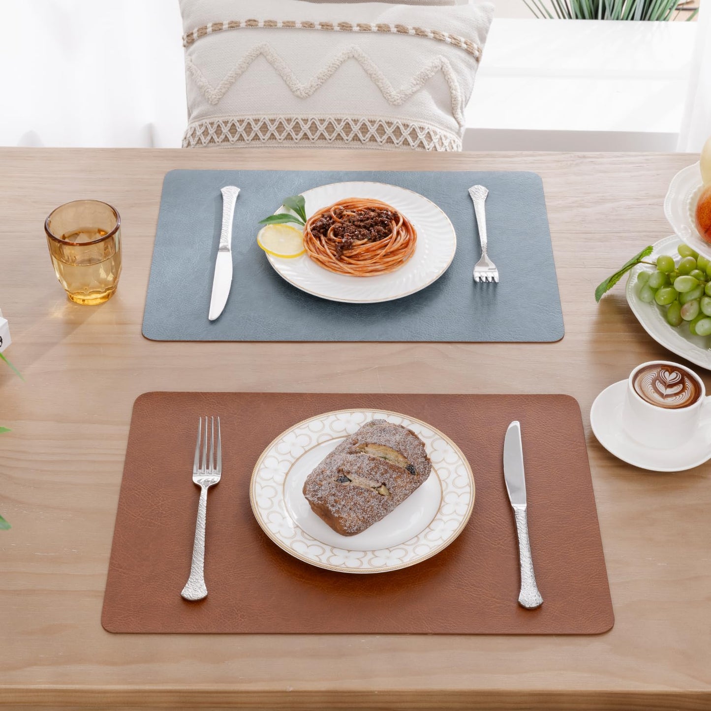 SHACOS Faux Cowhide Leather Placemats Set of 6, Wipeable Heat Resistant Table Mats, Stain Resistant Double Sided Reversible PU Place Mats for Dining Table Kitchen Restaurants, Brown and Blue