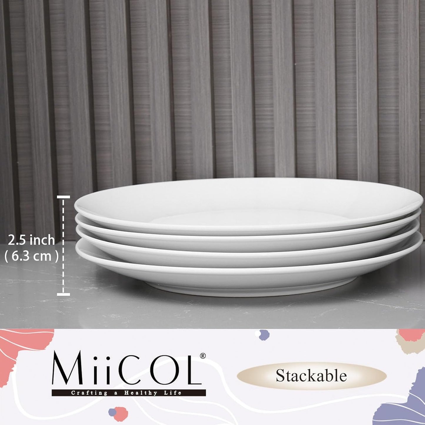 Miicol Ceramic Dinner Plates - Set of 4 Large 10.5-Inch White Porcelain Dishes | Microwave & Dishwasher Safe