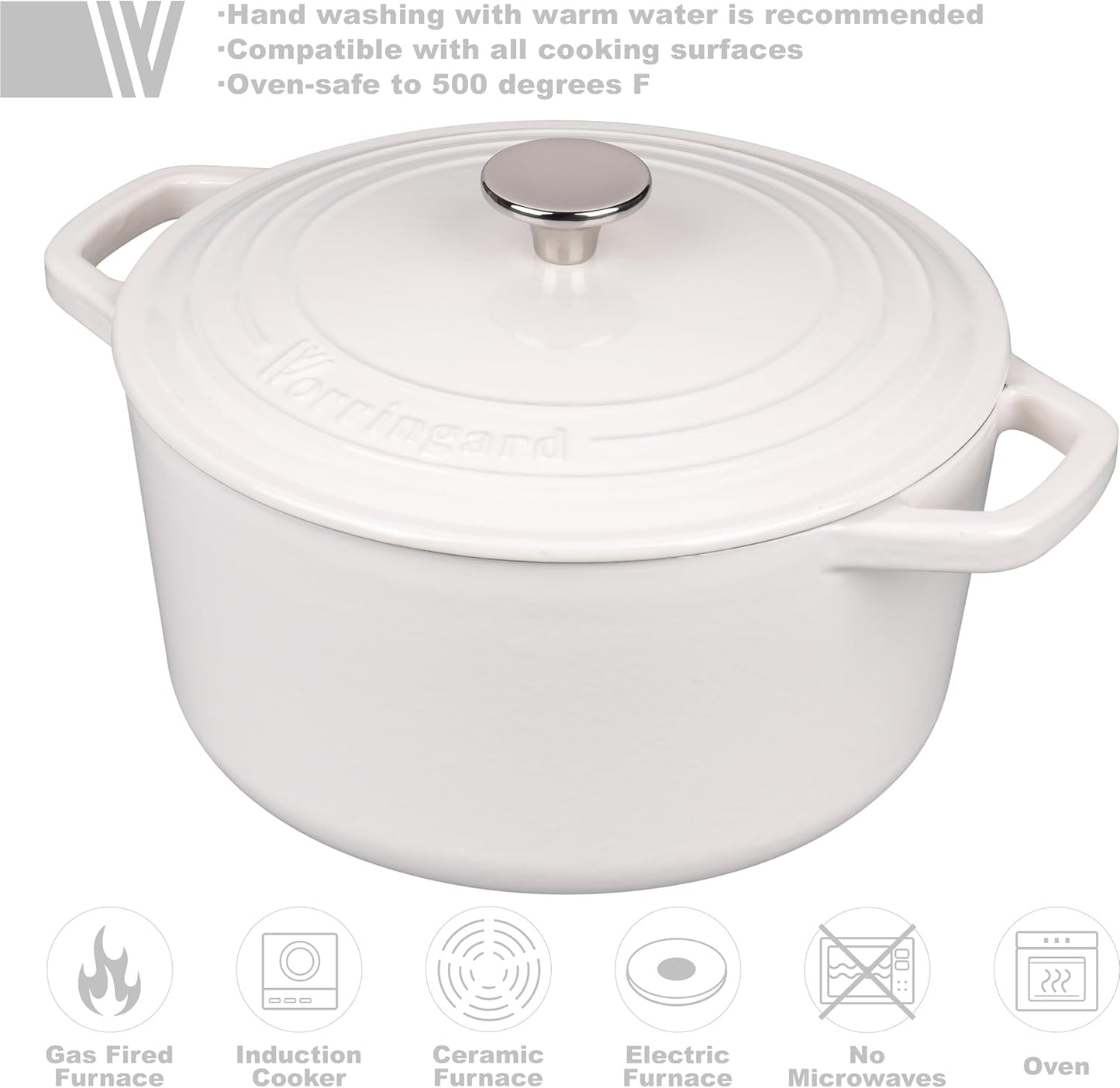 VORRINGARD Enameled Cast Iron Dutch Oven - 6QT Round Bread Baking Pot with Lid & Sourdough Set | White