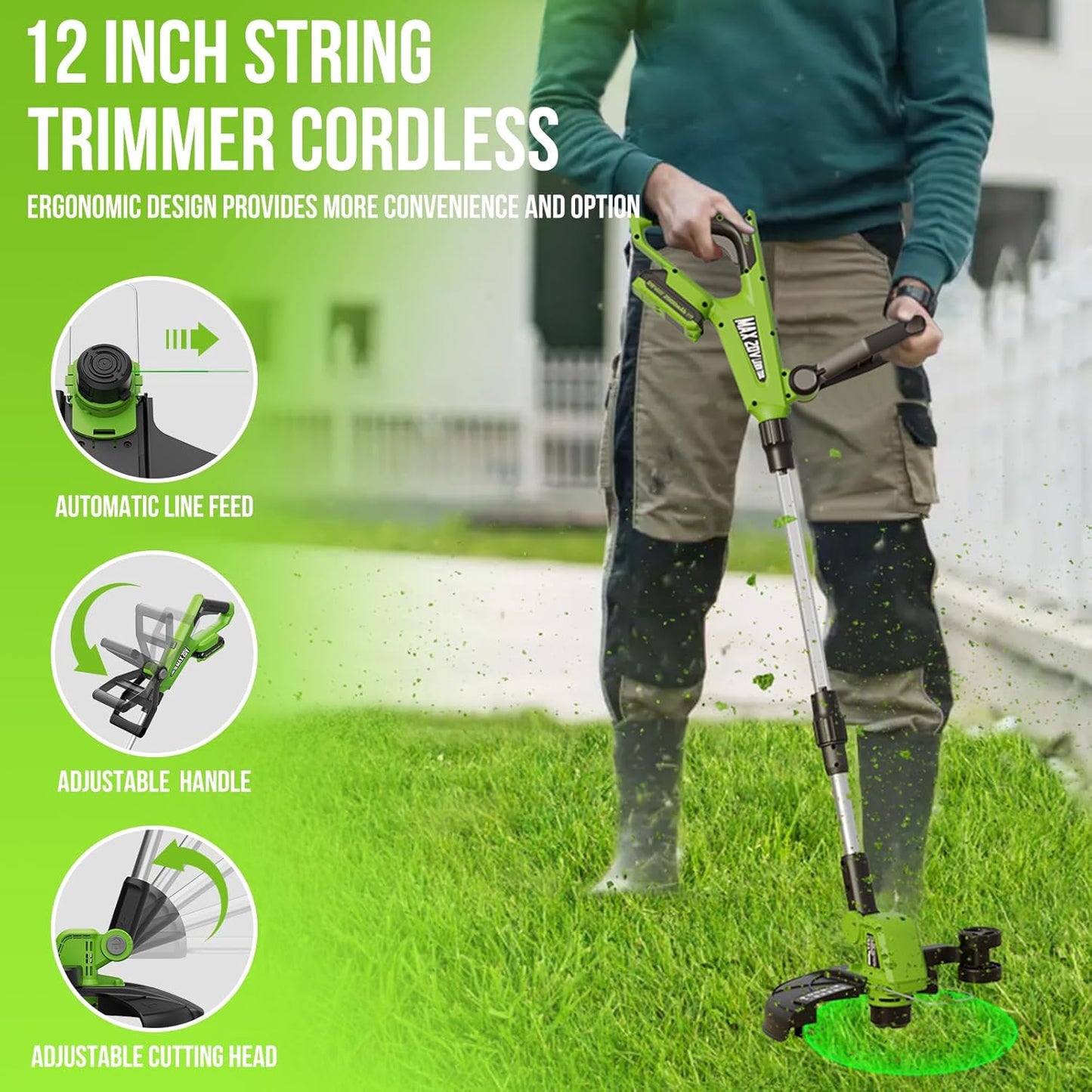 VARSK 12-Inch 20V Cordless Weed Wacker - 2-in-1 String Trimmer & Edger with Batteries & Charger
