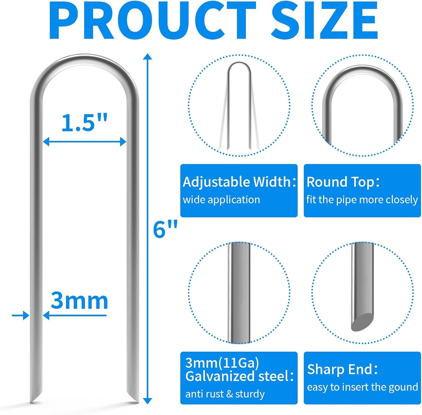 MySit 6-Inch U-Shaped Garden Stakes - Heavy Duty 11 Gauge Galvanized Landscape Staples for Soaker Hoses & Fencing