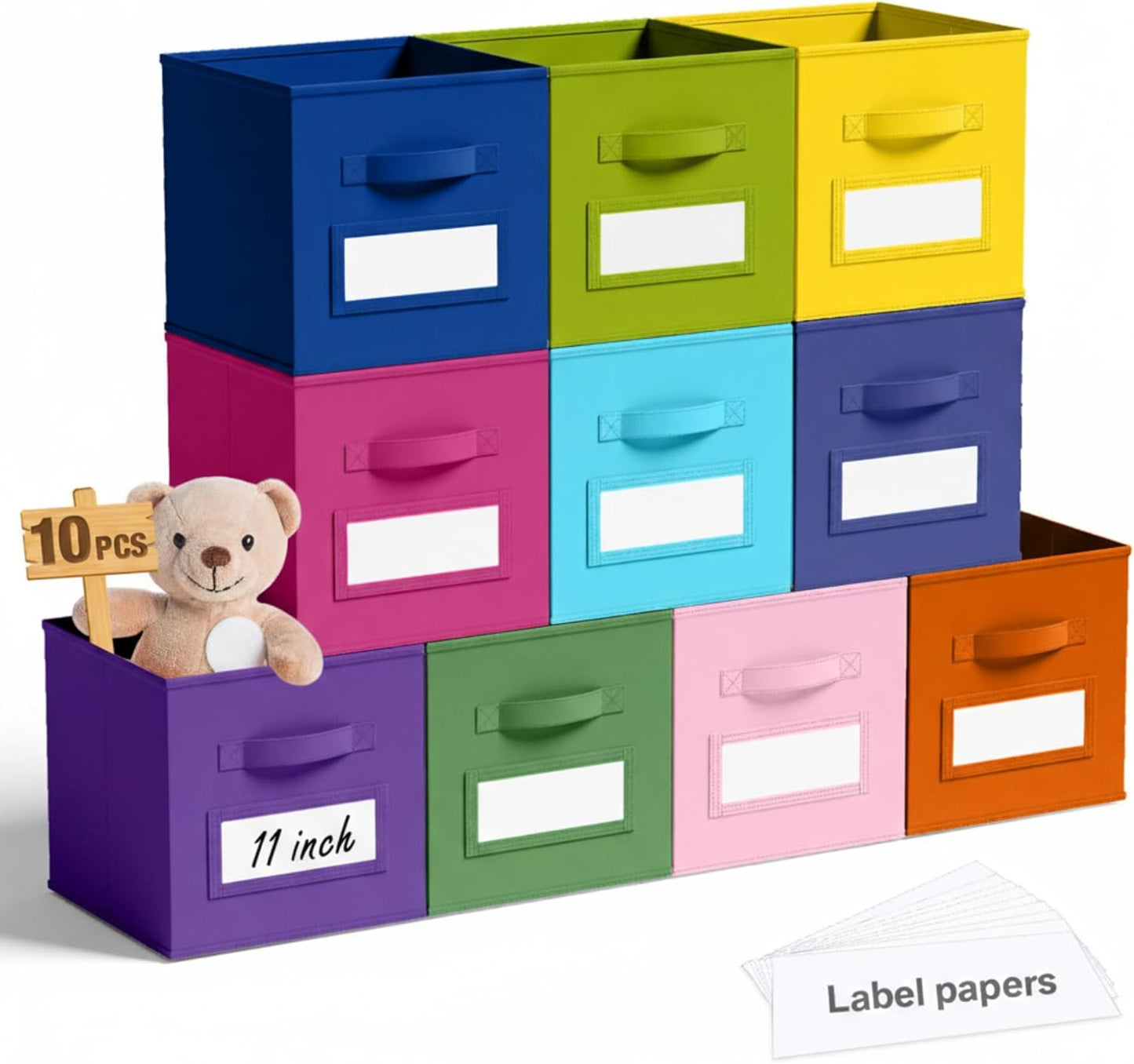 Teenyyou Fabric Storage Cubes - 10 Pack 11-Inch Collapsible Bins with Label Window & Handle | Ideal for Kids' Rooms, Closets, and Shelves