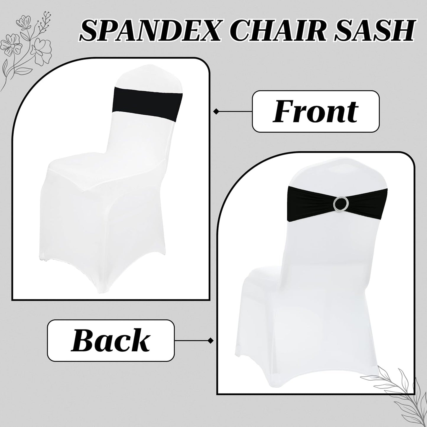 MDS Spandex Chair Sashes - Pack of 150 Elastic Stretch Bows with Buckle Slider for Wedding Decor | Black