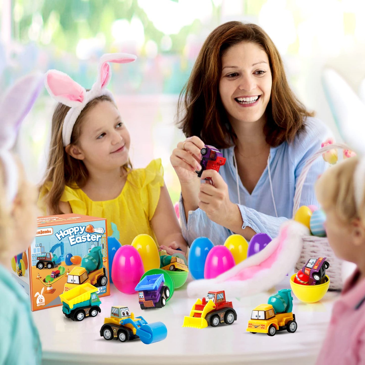 ZenBombs 12 Plastic Easter Eggs Filled with Pull-Back Engineering Toys Gift for Easter Egg Hunt, Birthday Party for Kids Over 3 Years Old