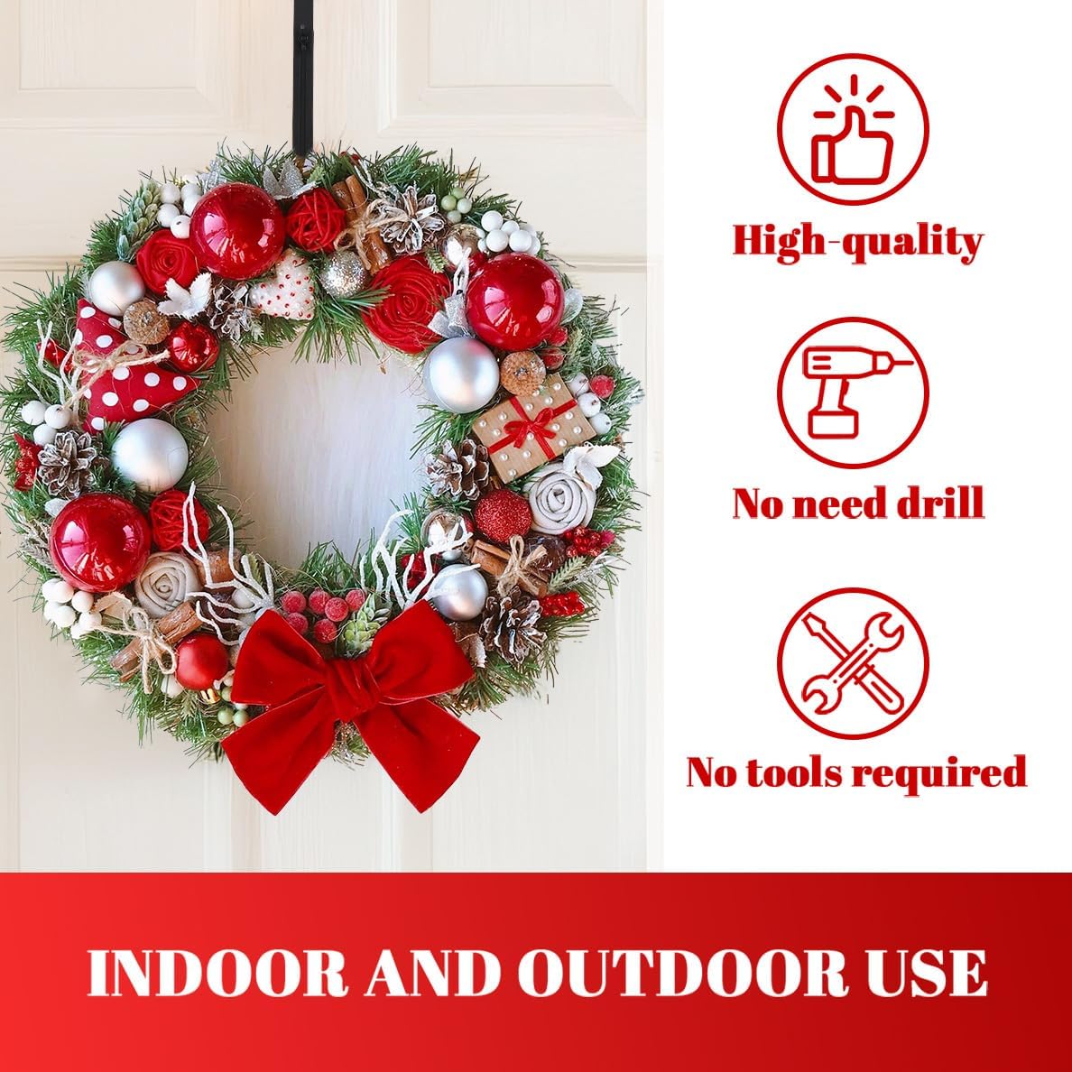 Metal Wreath Hanger for Front Door, Adjustable Wreath Hanger from 12-20", Single Hook, Heavy Duty, Holds up to 20 lbs, Over-the-Door Hook for Hanging Easter, Halloween, Fall, Christmas Decorations