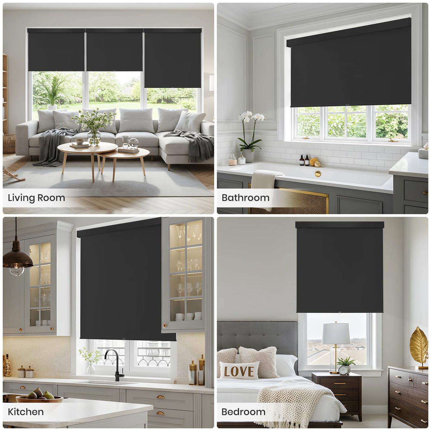 100% Blackout Roller Shades Cordless Blinds for Indoor Windows,Free-Stop Window Shades Pull Down,Thermal Insulated Fabric UV Protection,Blackout Window Guard Blinds for Home,Office,Black,30" W x 72" H