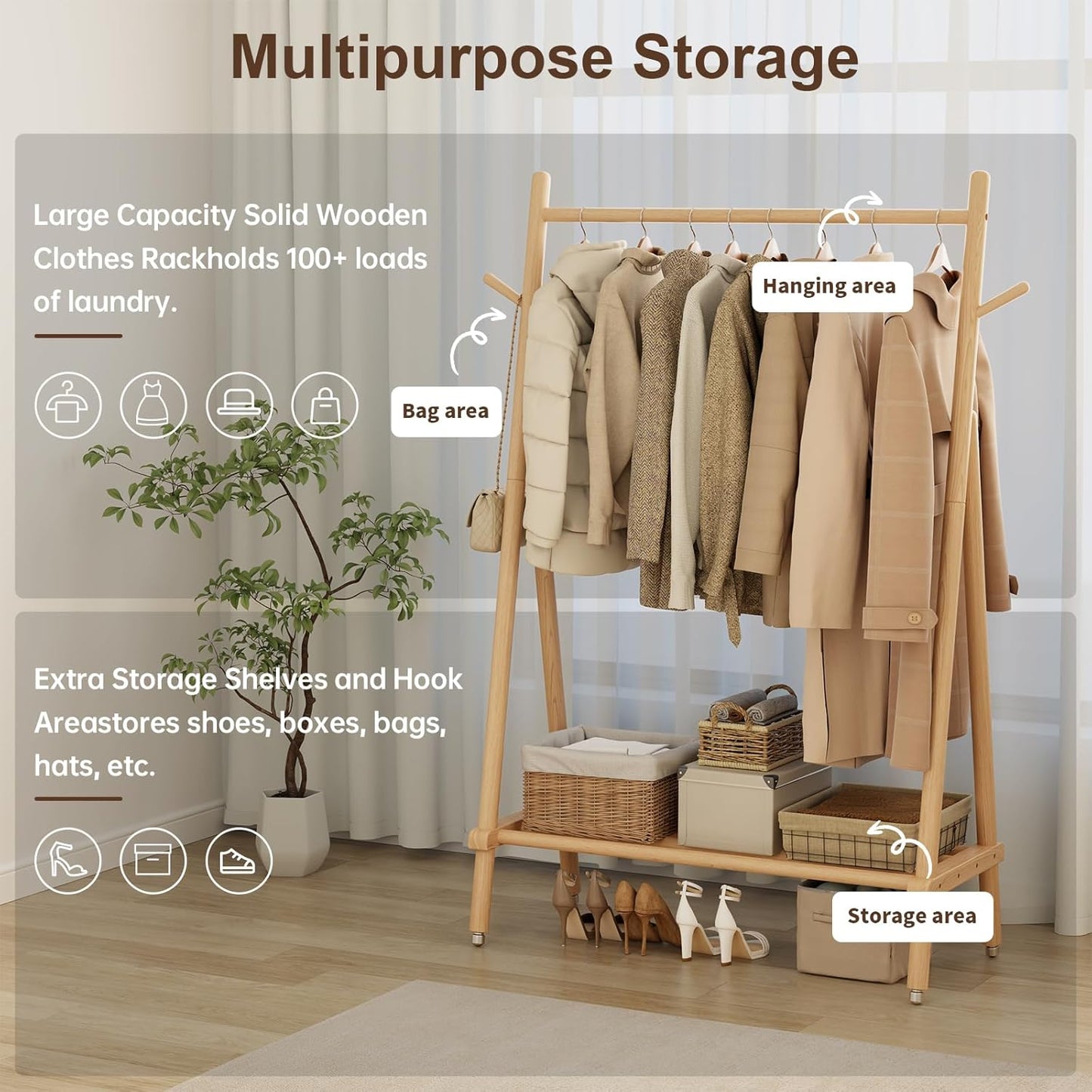 Muwuele Solid Wood Clothing Rack - Rolling Garment Rack with Shelves | Portable Closet Organizer (Natural)