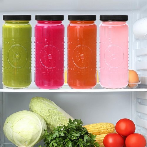 Encheng 12 Pack 16oz Glass Juice Bottles,Reusable Juicing Bottles with Lids and Straws,Embossed Juice Containers Kombucha Bottle Smoothies Jars for Water, Iced Coffee,Party,Travel