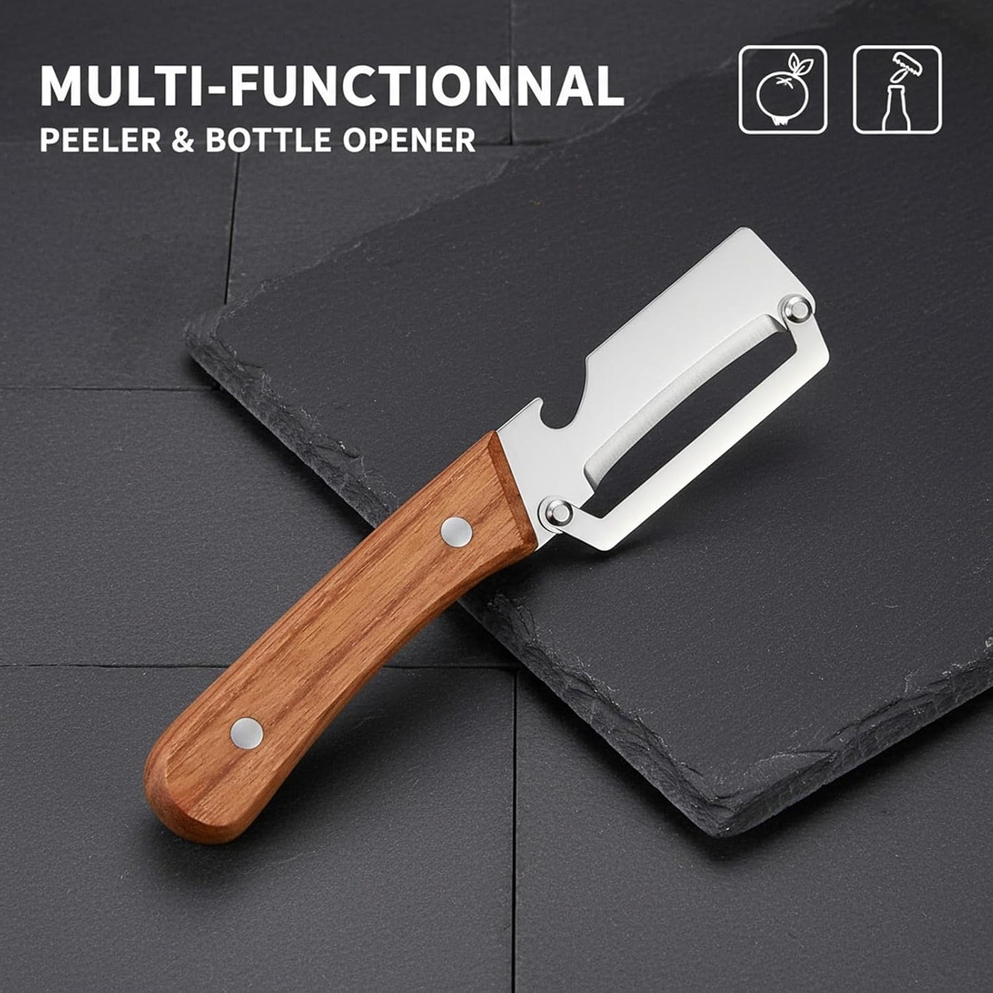 SakerPlus Vegetable Peeler - 2-in-1 Curved Stainless Steel Blade with Wooden Handle | Ideal for Kitchen Prep & Camping