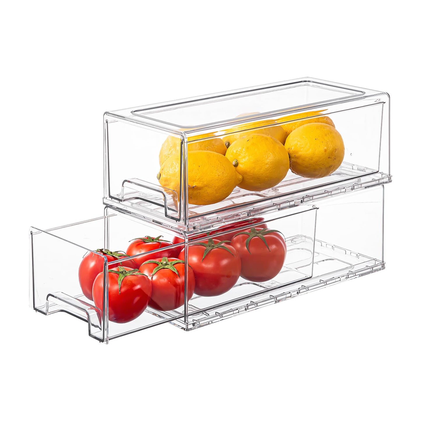 PiJeyiee Clear Stackable Refrigerator Organizers and Storage Drawers - Pull-Out Fridge Bins with handles for Kitchen，Pantry，Cabinet，Bathroom, Undersink，Closet (2 Pack)