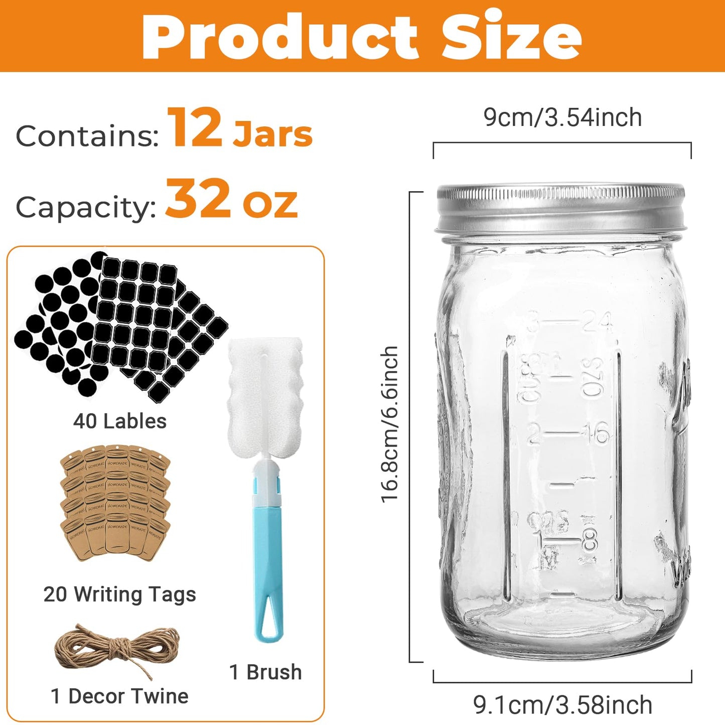 CycleMore Wide Mouth Mason Jars 32 oz, 12 Pack Large Glass Mason Jar with Metal Airtight Lids and Bands, 1 Quart Canning Jars for Pickling, Fermenting, Food Storage & DIY Projects