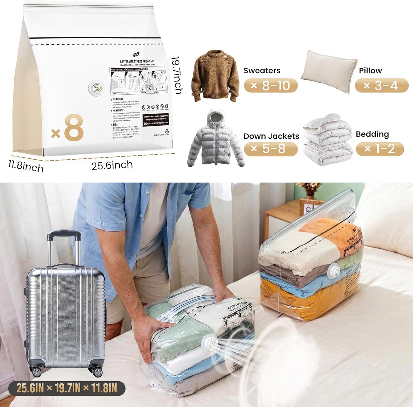 TAILI Vacuum Storage Bags - 8 Pack Medium Size (25x19x11 Inch) for Clothing & Blankets