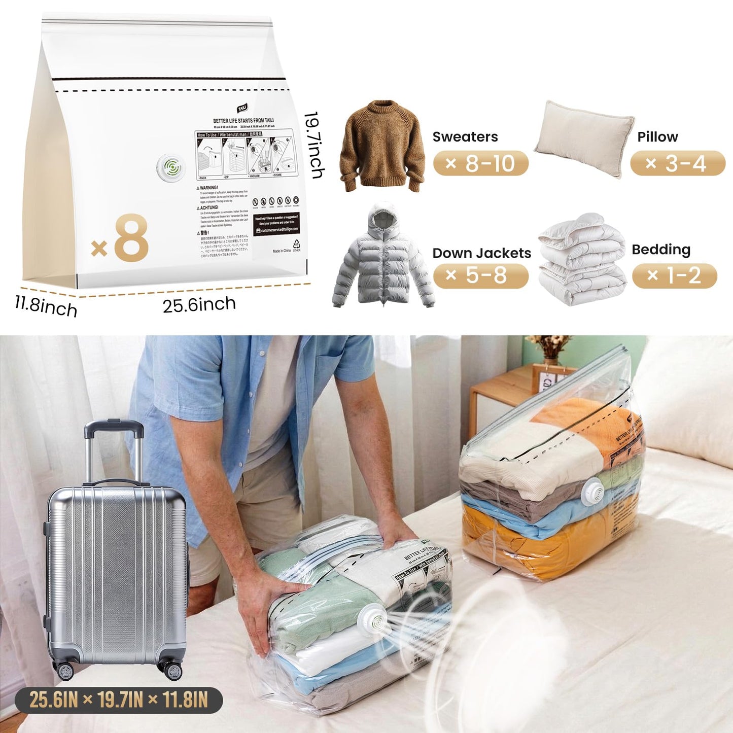 TAILI 8 Pack Cube Vacuum Storage Bags, Medium Size (25x19x11 inch), Vacuum Seal Bags for Clothing, Compression Packing for Clothes, Blankets, Baby Clothes