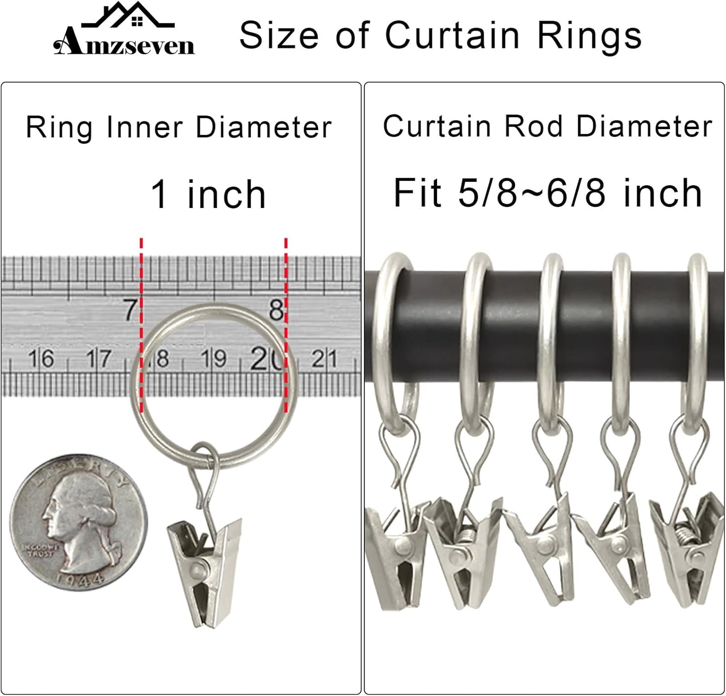 Skiennix 44 Pack Metal Curtain Rings - Durable Drapery Clips with 1 Inch Inner Diameter | Matte Silver Finish