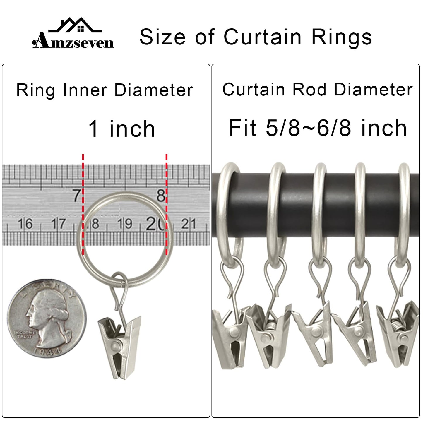 AMZSEVEN 44 Pack Metal Curtain Rings with Clips, Drapery Clips with Rings, Drapes Rings 1 inch Inner Diameter, Fits Diameter 5/8 inch Curtain Rods, Matte Silver