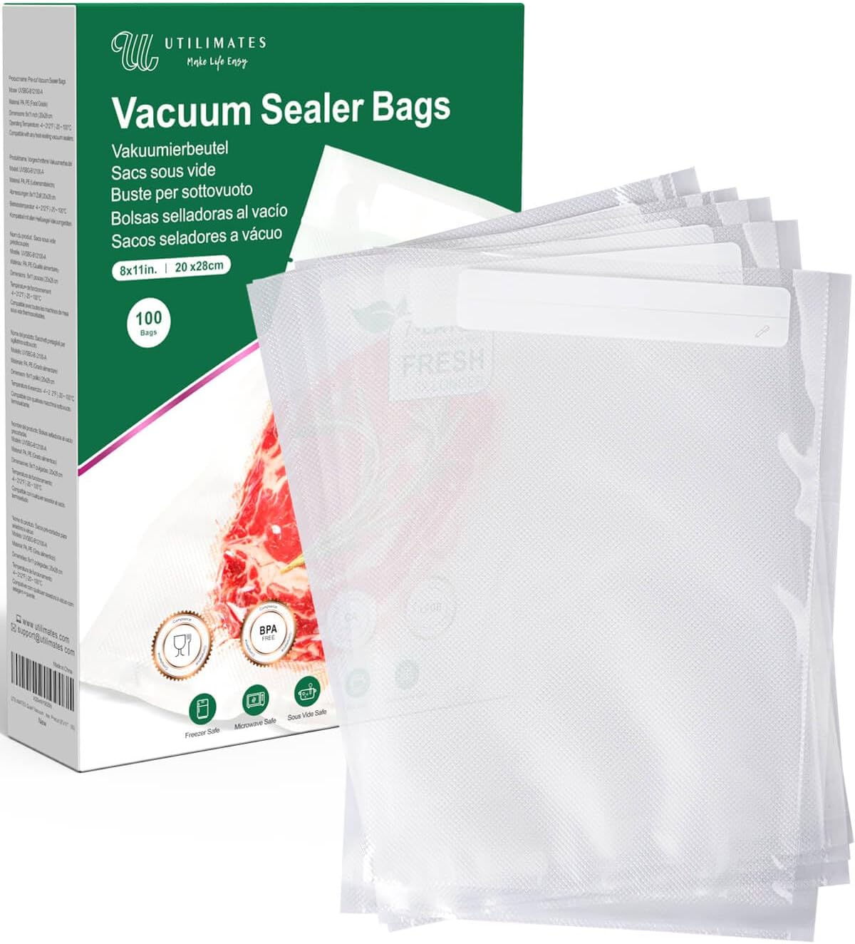 Quart Vacuum Sealer Bags - Heavy Duty BPA-Free Food Storage | 8x11 Inch, 100 Count, Precut