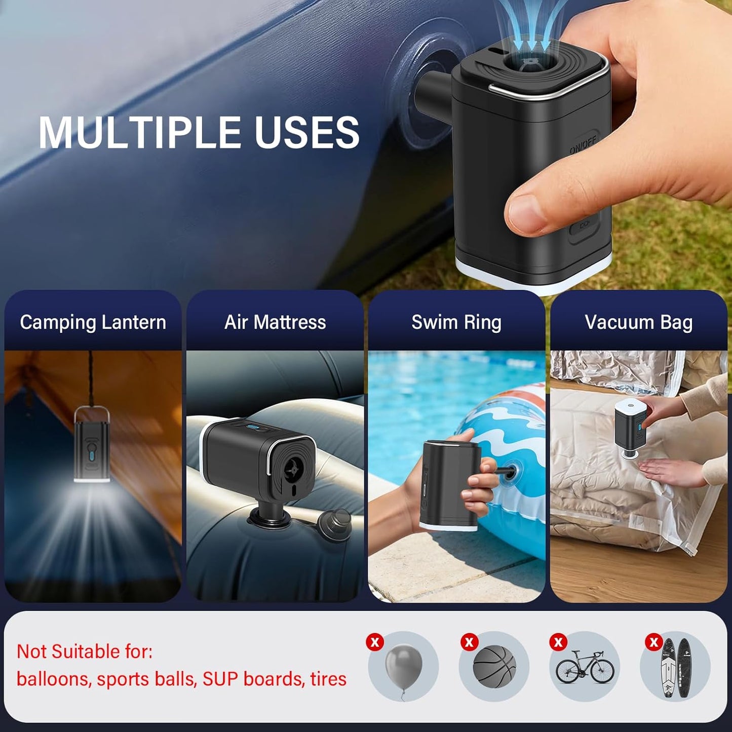 Skiennix Portable Air Mattress Pump - 3-in-1 Camping Air Pump with 2400mAh Battery & LED Light