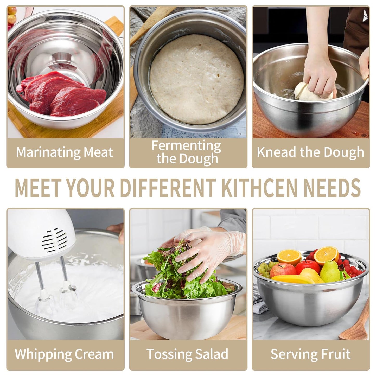 WEPSEN Mixing Bowls Set, 25PCS Khaki Mixing Bowls With Lids Set Stainless Steel Kitchen Large Nesting Metal Bowl 7QT to 1.5QT, Measuring Cups and Spoons for Prepping Cooking Serving