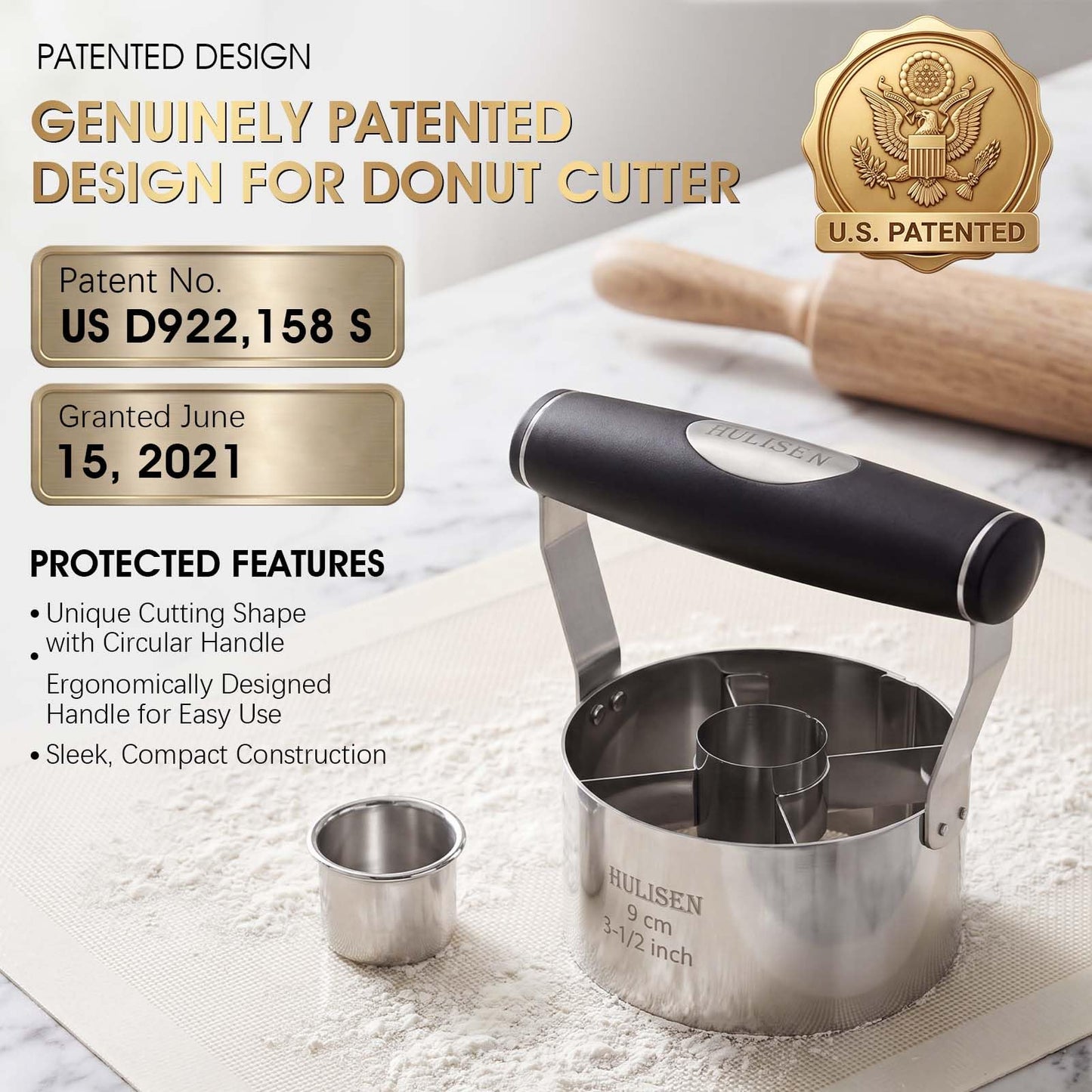 HULISEN Donut Cutter, 3.5 inch Stainless Steel Doughnut Cutter with Soft Grip Handle, and Small Biscuit Cutter, Professional Baking Dough Tools, Gift Package
