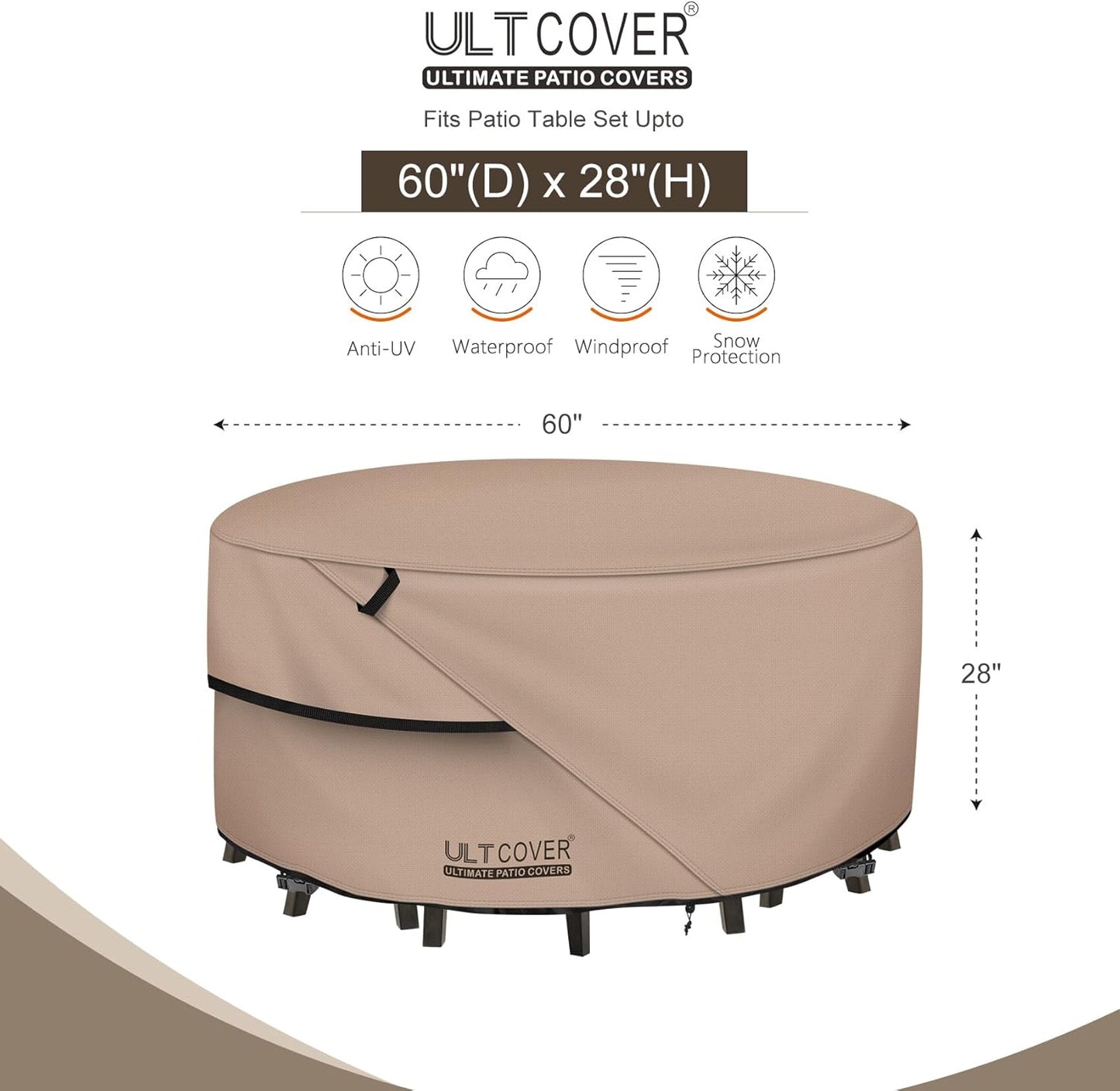 ULTCOVER Round Patio Table and Chair Set Cover - Heavy-Duty 600D Waterproof Protection | 60 Inch