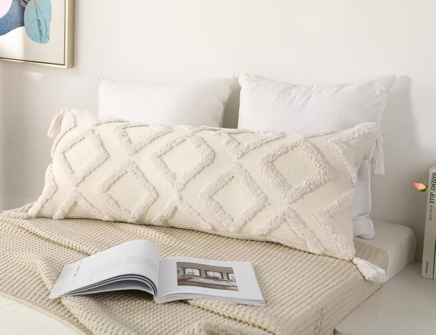 PANOD Decorative Long Lumbar Pillow Cover - Super Soft Chenille with Tassels | 14x36 White Boho Design for Sofa & Bed