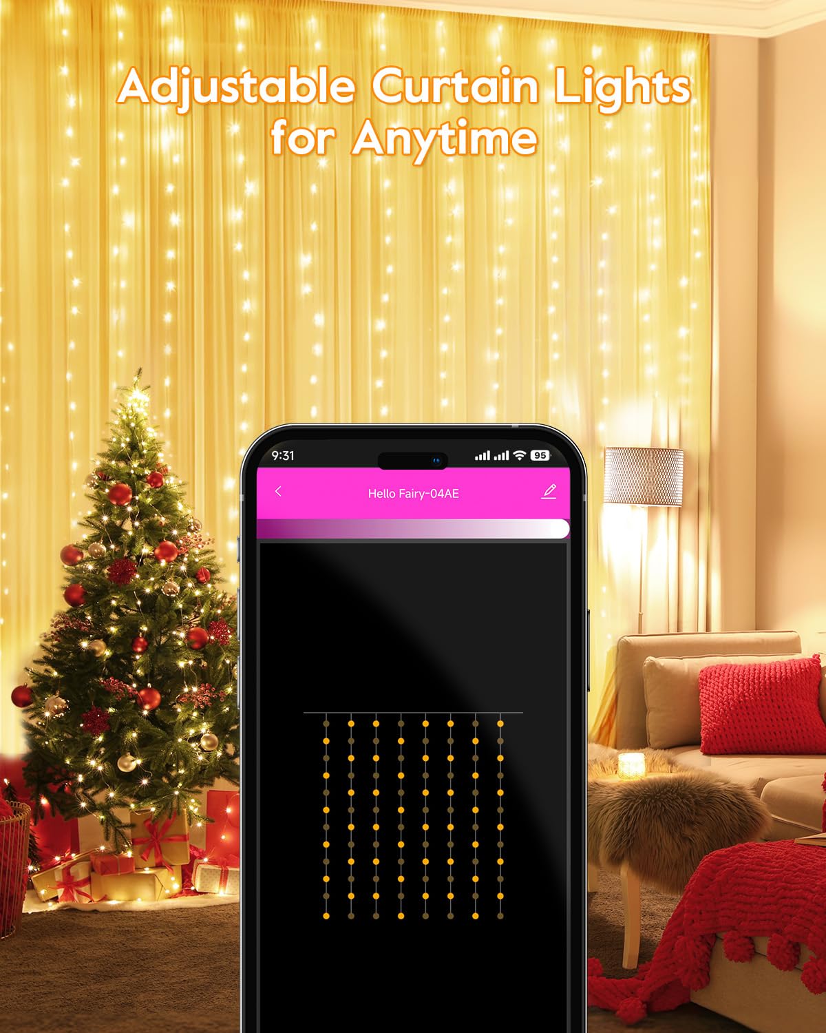 Smart Curtain Lights, USB Plug in, 9.8ft 300 LED Window Smart String Light with APP and Remote, 8 Modes, Waterproof Fairy Lights for Bedroom, Indoor, Weddings, Party, Christmas Ramadan Decorations