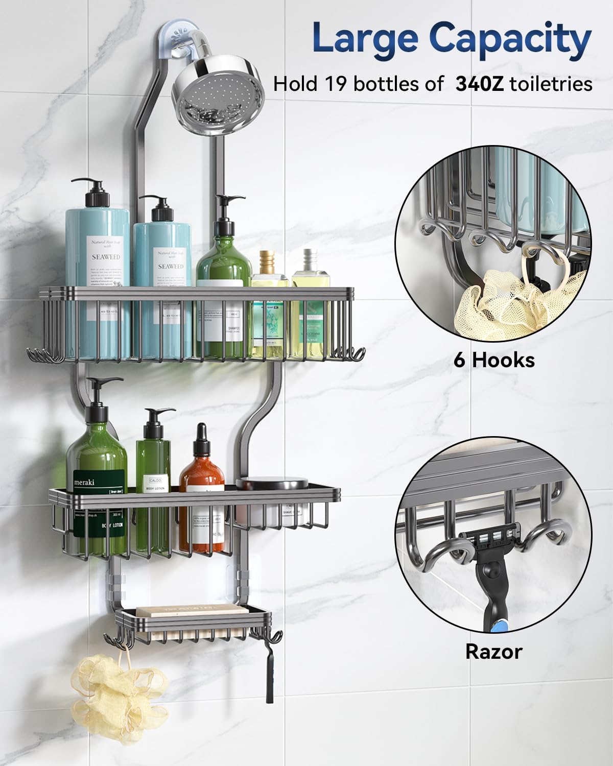 YASONIC Shower Caddy - Rustproof Aluminum Organizer with 10 Hooks & Soap Basket - Grey