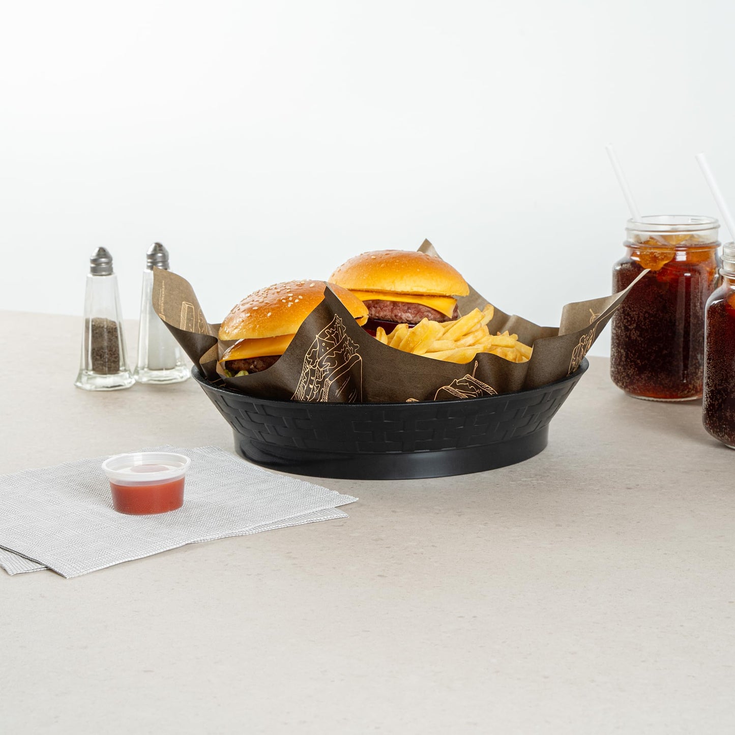 Restaurantware Round Serving Baskets 10 Pack of 10.47 x 2.17 Inch with Base Drainage Slots Microwavable Dishwashable Stackable Plastic Black Food Serving Trays for Restaurants and Catering