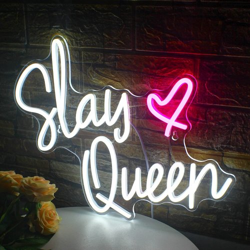 FAXFSIGN Slay Queen Neon Sign White Pink LED Neon Light Up Signs for Wall Decor Usb Neon Light for Bedroom Preppy Girl Aesthetic Room Dorm Decor Y2k Party Gifts