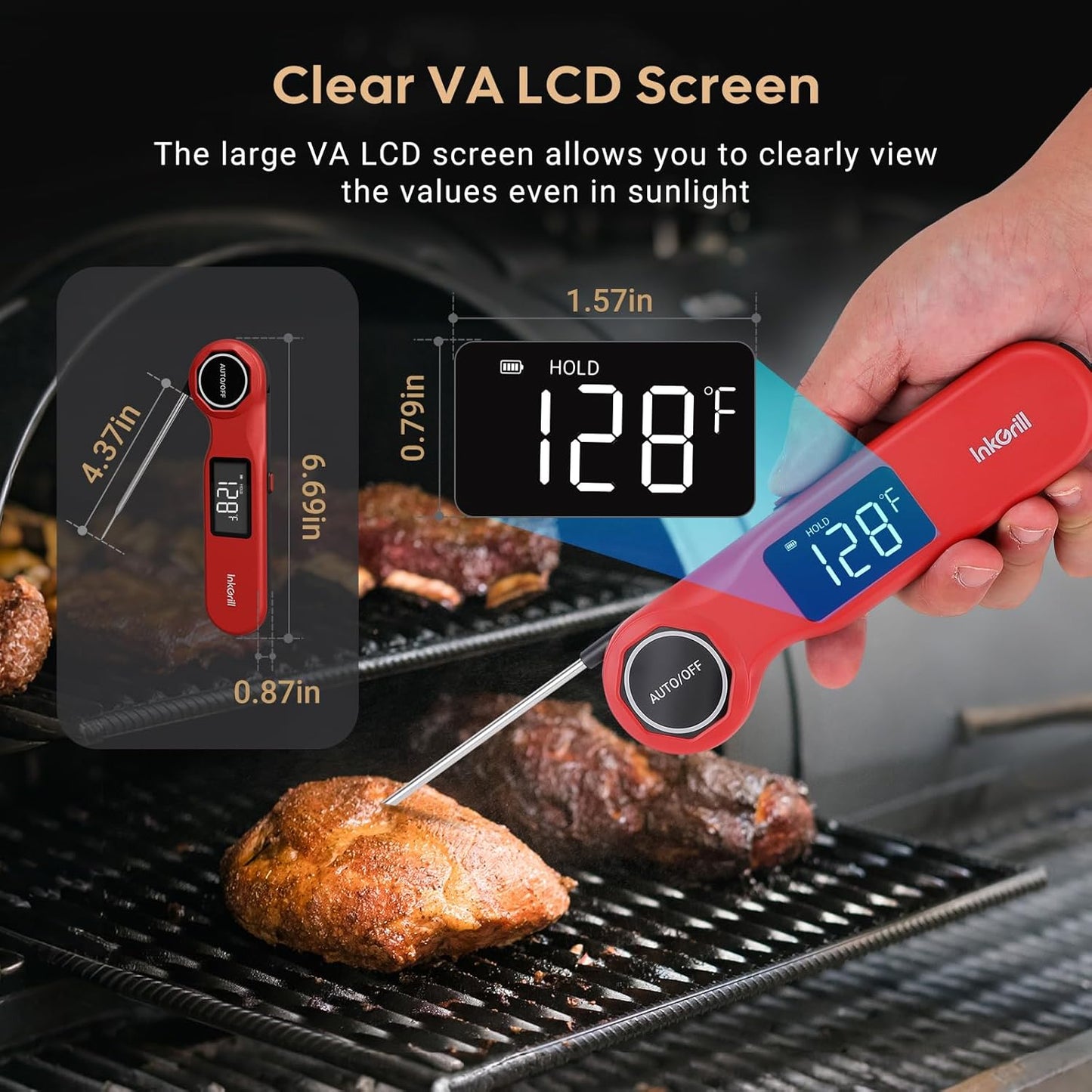 Skiennix Instant Read Meat Thermometer - Rechargeable Digital Cooking Thermometer with Waterproof Design | 1.42" Screen