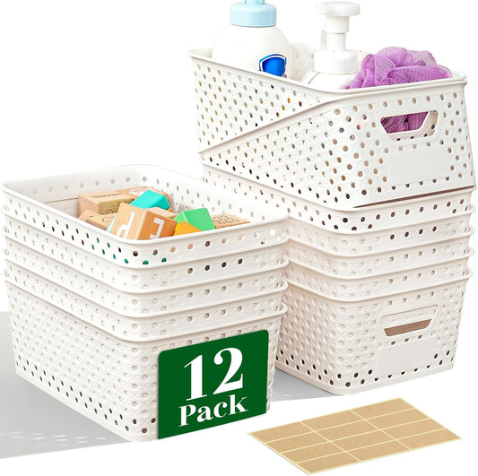 12 Pack Plastic Storage Baskets by [Brand Name] - Versatile Organizers with Handles & Labels for Cabinets, Closets, and Offices