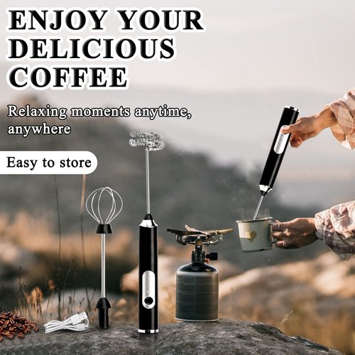 Electric Double Whisk Milk Frother Handheld Black USB Rechargeable Drink Mixer, 3 Speeds Adjustable Electric Whisk Foam Maker Detachable for Coffee, Lattes, Matcha, Hot Chocolate