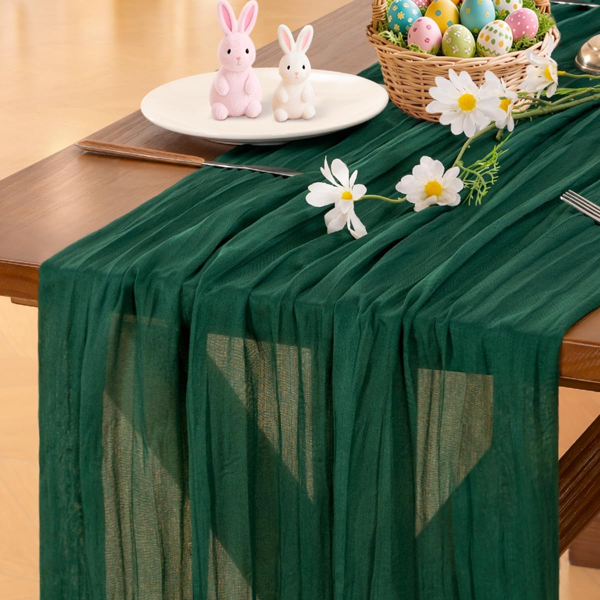 Socomi Emerald Green Cheesecloth Table Runner - 120 Inch Boho Rustic Decor for Weddings & Events