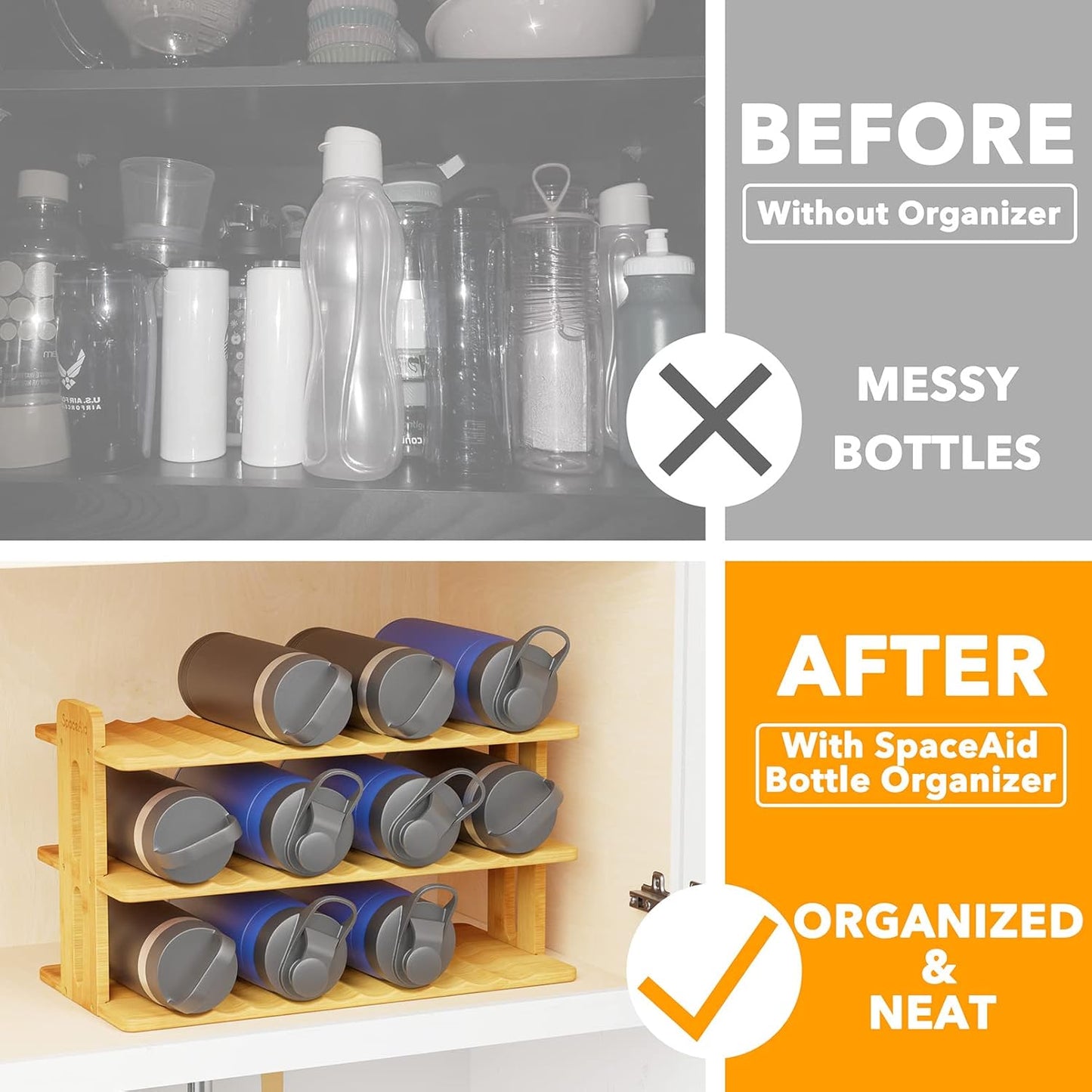 SpaceAid Bamboo Water Bottle Organizer - 3-Tier Kitchen Storage Rack for 12 Bottles | Stylish Labels Included