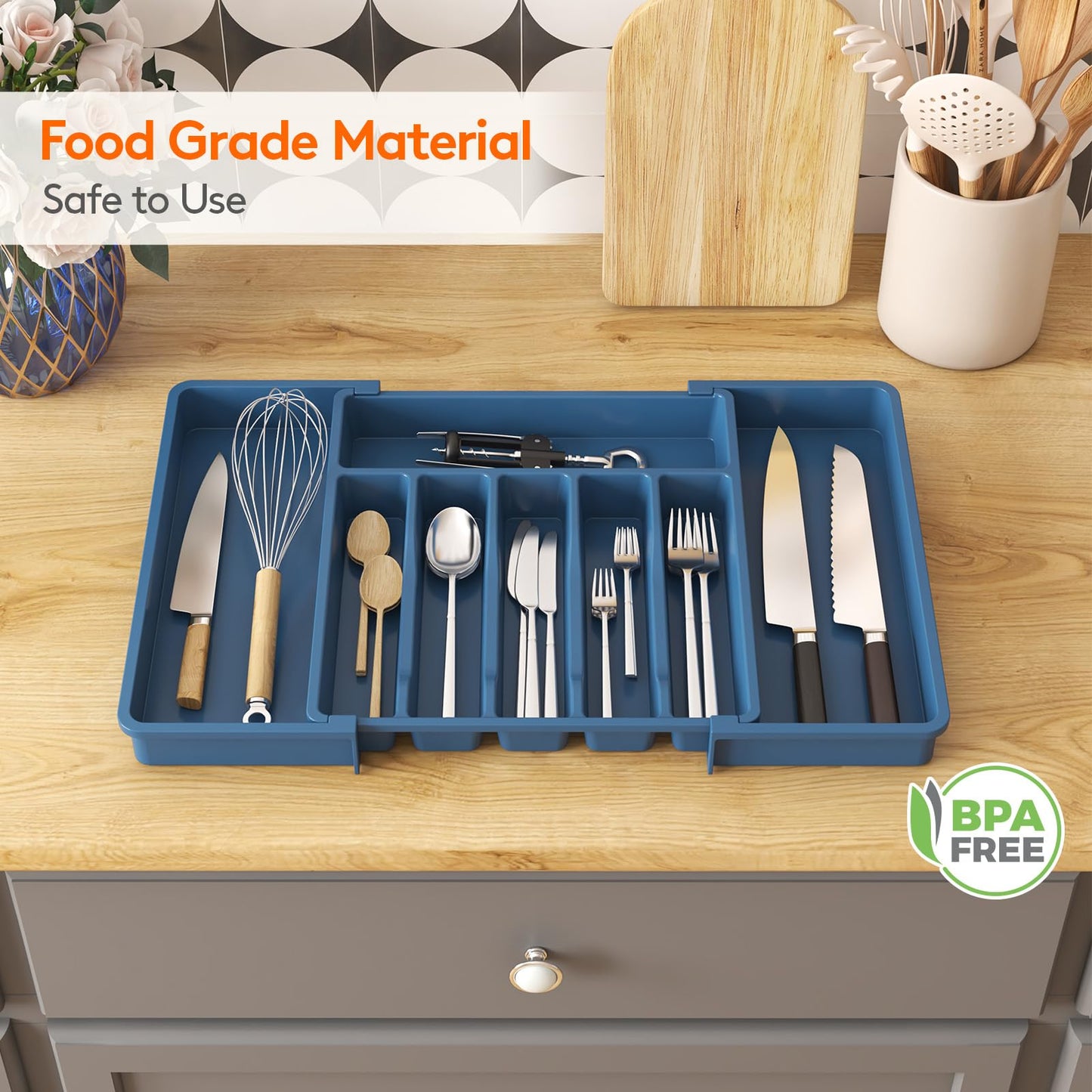 Lifewit Silverware Drawer Organizer, Expandable Utensil Tray for Kitchen, BPA Free Flatware and Cutlery Holder, Adjustable Plastic Storage for Spoons Forks Knives, 13-22 x 15", Dark Blue