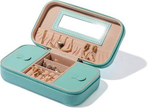 BINO Jewelry Case - Stylish Portable Organizer with Mirror | Compact Travel Box for Earrings, Rings, Necklaces (Aqua)